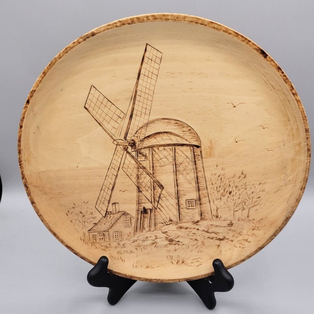 Wood Burned Dutch Windmill Art Plate 1981 Vtg Pyrography Artist Signed 9 Inches